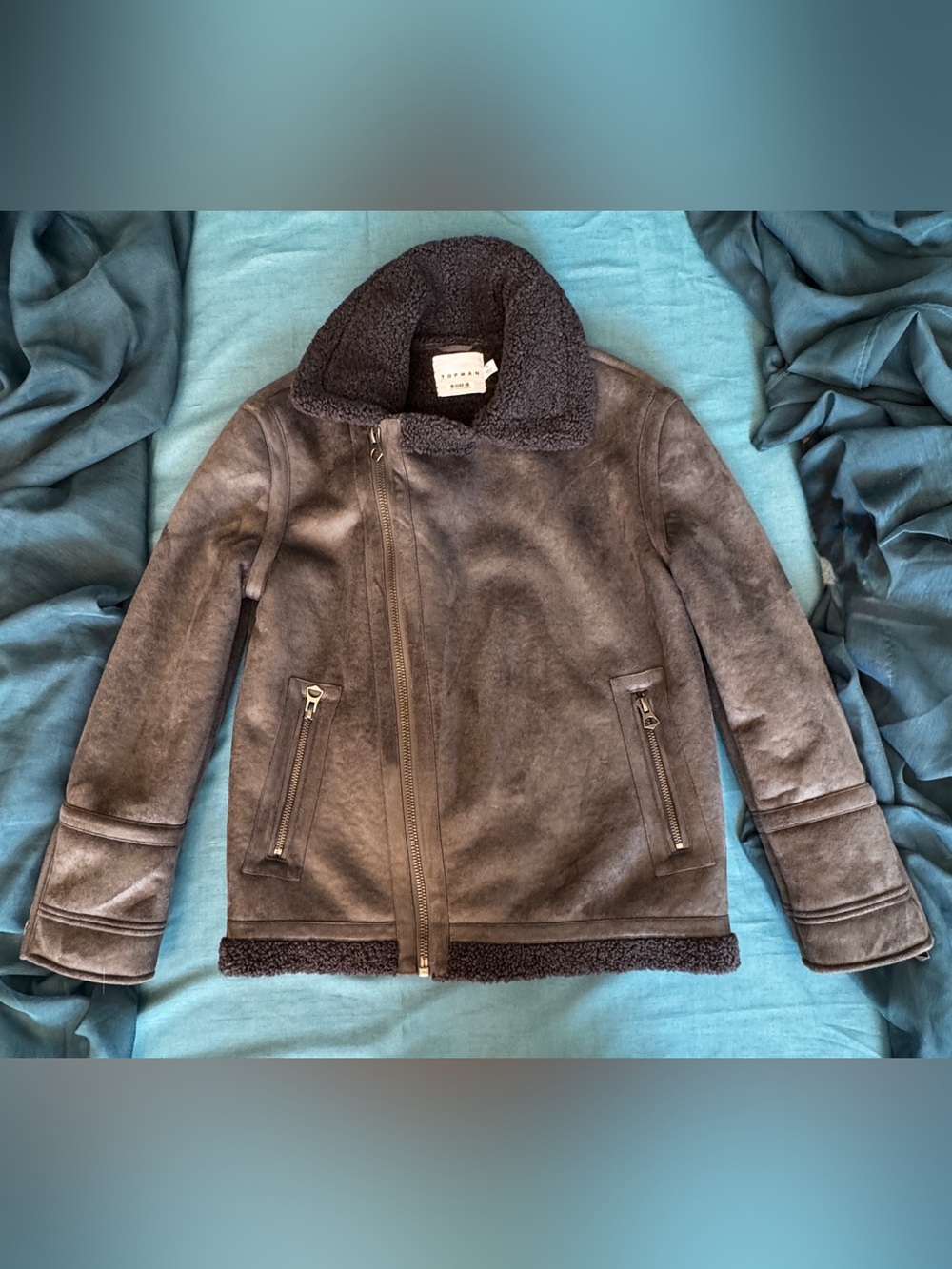 Men’s Topman Faux-Shearling Biker Moto Zip-Up Jacket - S